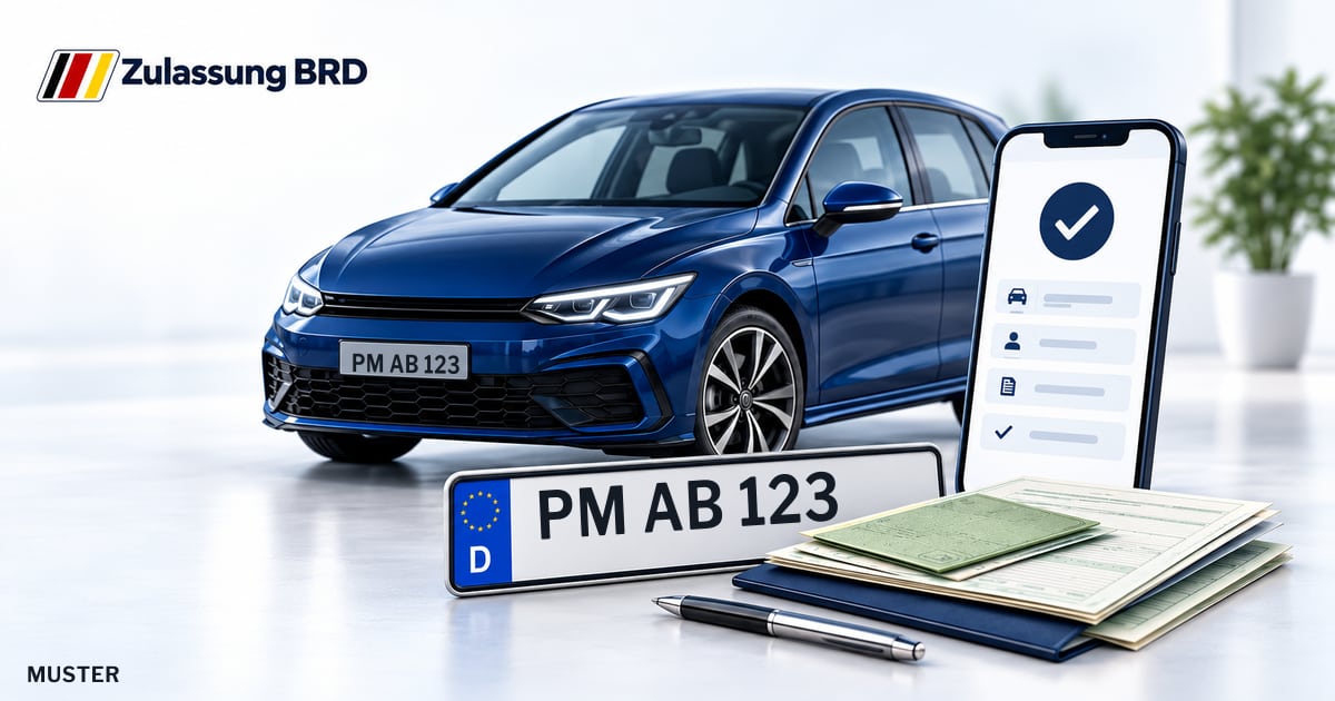Online Fahrzeugzulassung in Landkreis Potsdam-Mittelmark: Musterkennzeichen PM AB 123, Auto und Fahrzeugpapiere und Smartphone. Illustration mit Logo von Zulassung BRD.